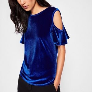 Ted Baker Stellah Frill Cold Shoulder Blue Velvet Top
